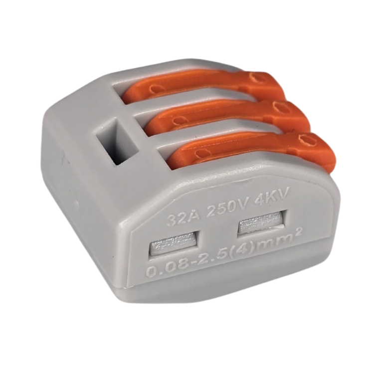 Szybkozłączka elektryczna TAC PCG213 3-torowa – kompaktowa złączka instalacyjna do przewodów jednodrutowych i elastycznych, zapewniająca bezpieczne i trwałe połączenia kabli, doskonała alternatywa dla tradycyjnych kostek elektrycznych.