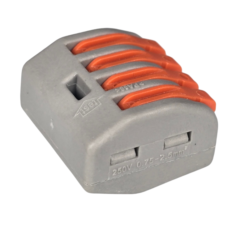 Szybkozłączka elektryczna TAC PCG214 4-torowa – kompaktowa złączka instalacyjna do przewodów jednodrutowych i elastycznych, zapewniająca bezpieczne i trwałe połączenia kabli, doskonała alternatywa dla tradycyjnych kostek elektrycznych.