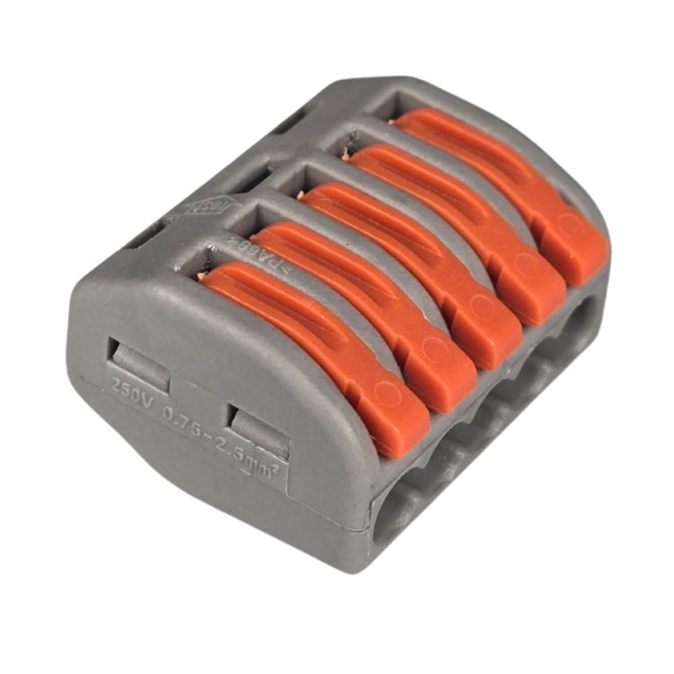 Szybkozłączka elektryczna TAC PCG215 5-TOROWA – kompaktowa złączka instalacyjna do jednoczesnego podłączenia pięciu przewodów jednodrutowych i elastycznych, zapewnia bezpieczne, trwałe połączenia i stanowi nowoczesną alternatywę dla kostek elektrycznych.
