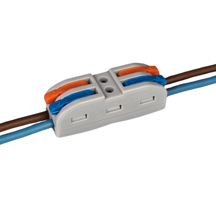 Szybkozłączka elektryczna TAC SPL2C 2-torowa – kompaktowa zaciskowa złączka instalacyjna do przewodów jednodrutowych i elastycznych, zapewniająca bezpieczne i trwałe połączenia kabli, nowoczesna alternatywa dla tradycyjnych kostek elektrycznych.