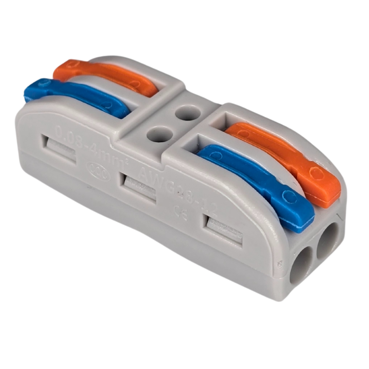 Szybkozłączka elektryczna TAC SPL2C 2-torowa – kompaktowa zaciskowa złączka instalacyjna do przewodów jednodrutowych i elastycznych, zapewniająca bezpieczne i trwałe połączenia kabli, nowoczesna alternatywa dla tradycyjnych kostek elektrycznych.