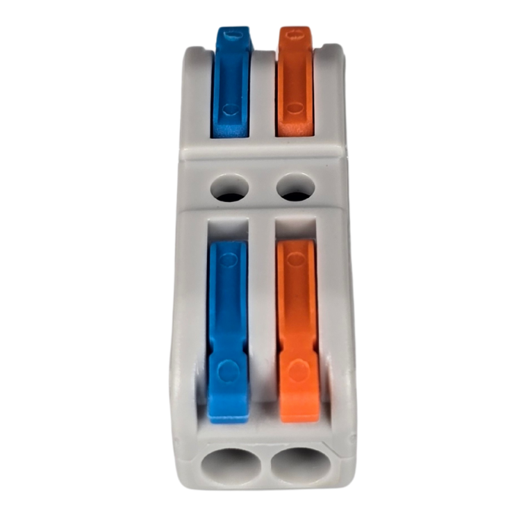 Szybkozłączka elektryczna TAC SPL2C 2-torowa – kompaktowa zaciskowa złączka instalacyjna do przewodów jednodrutowych i elastycznych, zapewniająca bezpieczne i trwałe połączenia kabli, nowoczesna alternatywa dla tradycyjnych kostek elektrycznych.