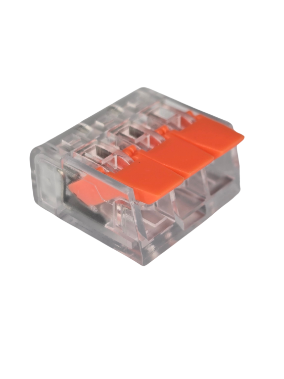 Szybkozłączka elektryczna TAC PCT222-413 3-TOROWA – kompaktowa przelotowa złączka instalacyjna do przewodów jednodrutowych i elastycznych, zapewnia bezpieczne i trwałe połączenia kabli, nowoczesna alternatywa dla tradycyjnych kostek elektrycznych.