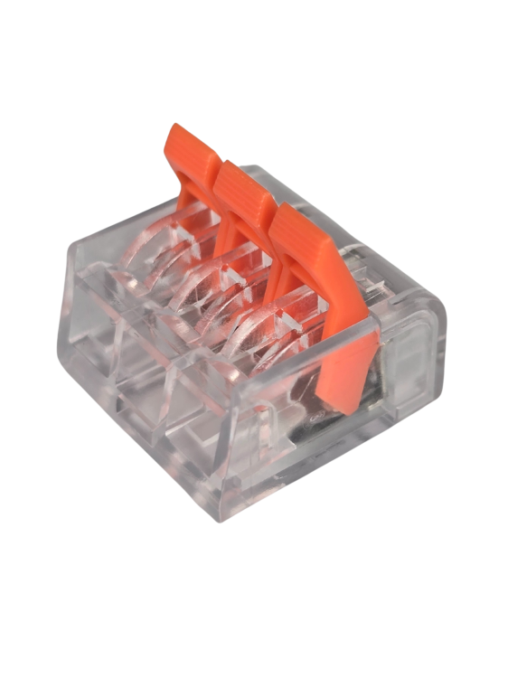 Szybkozłączka elektryczna TAC PCT222-413 3-TOROWA – kompaktowa przelotowa złączka instalacyjna do przewodów jednodrutowych i elastycznych, zapewnia bezpieczne i trwałe połączenia kabli, nowoczesna alternatywa dla tradycyjnych kostek elektrycznych.