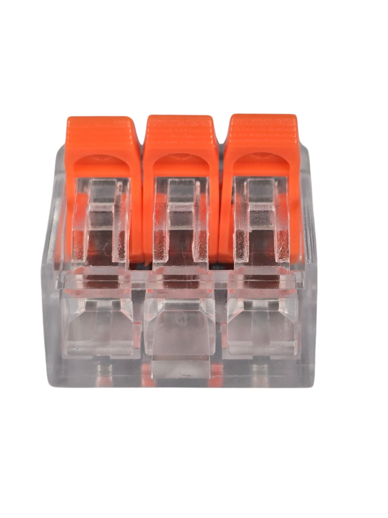 Szybkozłączka elektryczna TAC PCT222-413 3-TOROWA – kompaktowa przelotowa złączka instalacyjna do przewodów jednodrutowych i elastycznych, zapewnia bezpieczne i trwałe połączenia kabli, nowoczesna alternatywa dla tradycyjnych kostek elektrycznych.