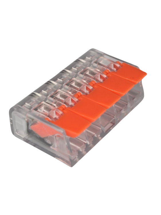 Szybkozłączka elektryczna TAC PCT222-415 5-TOROWA – kompaktowa zaciskowa złączka instalacyjna do przewodów jednodrutowych i elastycznych, zapewniająca bezpieczne i trwałe połączenia kabli, nowoczesna alternatywa dla tradycyjnych kostek elektrycznych.