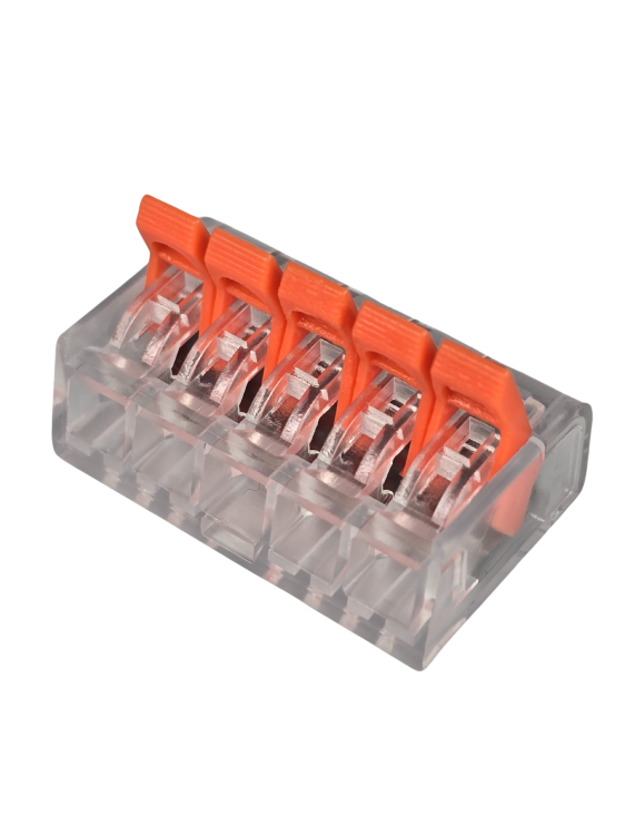 Szybkozłączka elektryczna TAC PCT222-415 5-TOROWA – kompaktowa zaciskowa złączka instalacyjna do przewodów jednodrutowych i elastycznych, zapewniająca bezpieczne i trwałe połączenia kabli, nowoczesna alternatywa dla tradycyjnych kostek elektrycznych.