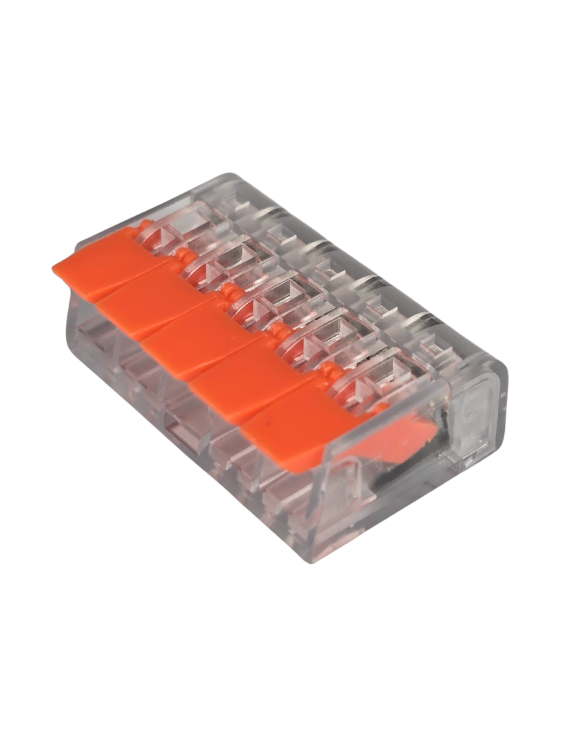 Szybkozłączka elektryczna TAC PCT222-415 5-TOROWA – kompaktowa zaciskowa złączka instalacyjna do przewodów jednodrutowych i elastycznych, zapewniająca bezpieczne i trwałe połączenia kabli, nowoczesna alternatywa dla tradycyjnych kostek elektrycznych.