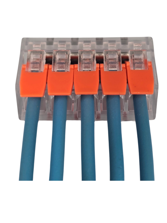 Szybkozłączka elektryczna TAC PCT222-415 5-TOROWA – kompaktowa zaciskowa złączka instalacyjna do przewodów jednodrutowych i elastycznych, zapewniająca bezpieczne i trwałe połączenia kabli, nowoczesna alternatywa dla tradycyjnych kostek elektrycznych.