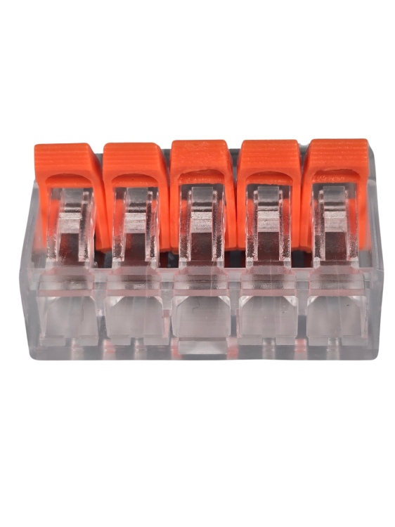 Szybkozłączka elektryczna TAC PCT222-415 5-TOROWA – kompaktowa zaciskowa złączka instalacyjna do przewodów jednodrutowych i elastycznych, zapewniająca bezpieczne i trwałe połączenia kabli, nowoczesna alternatywa dla tradycyjnych kostek elektrycznych.