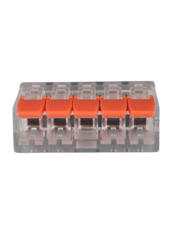 Szybkozłączka elektryczna TAC PCT222-415 5-TOROWA – kompaktowa zaciskowa złączka instalacyjna do przewodów jednodrutowych i elastycznych, zapewniająca bezpieczne i trwałe połączenia kabli, nowoczesna alternatywa dla tradycyjnych kostek elektrycznych.