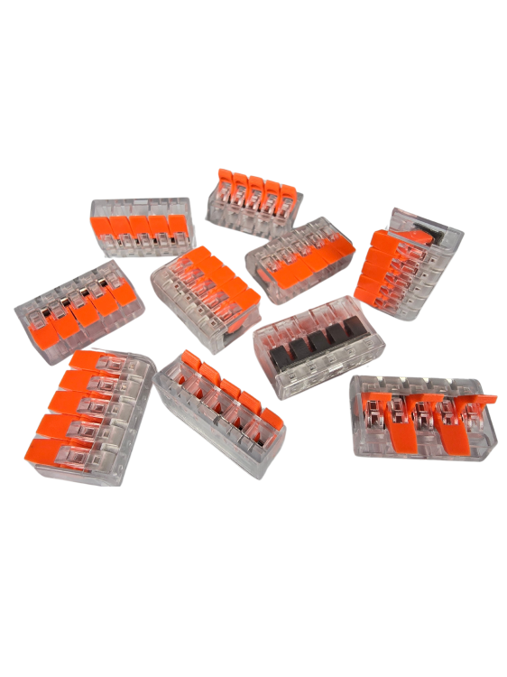 Szybkozłączka elektryczna TAC PCT222-415 5-TOROWA – kompaktowa zaciskowa złączka instalacyjna do przewodów jednodrutowych i elastycznych, zapewniająca bezpieczne i trwałe połączenia kabli, nowoczesna alternatywa dla tradycyjnych kostek elektrycznych.