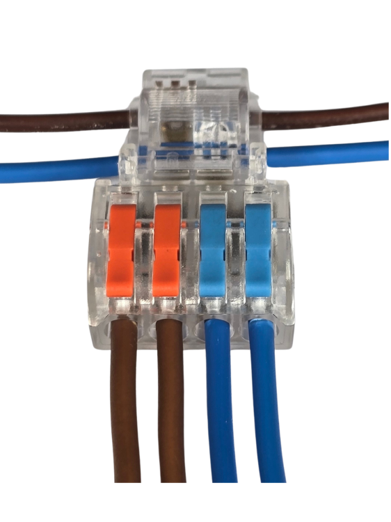 Szybkozłączka elektryczna TAC PCT-2-4A – kompaktowa zaciskowa złączka instalacyjna do przewodów jednodrutowych i elastycznych, zapewniająca bezpieczne i trwałe połączenia kabli, nowoczesna alternatywa dla tradycyjnych kostek elektrycznych.