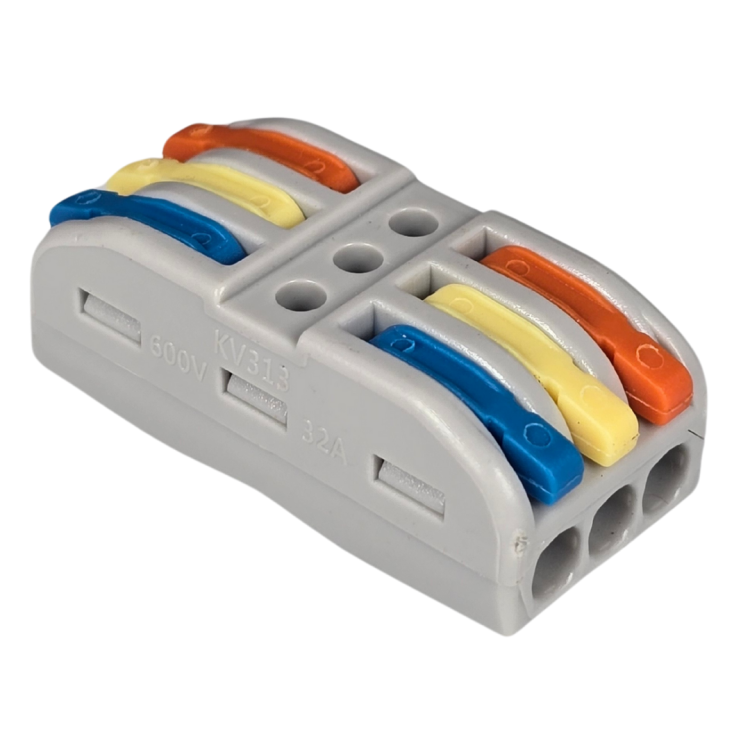 Szybkozłączka elektryczna TAC SPL3C 3-torowa – kompaktowa zaciskowa złączka instalacyjna do przewodów jednodrutowych i elastycznych, zapewniająca bezpieczne i trwałe połączenia kabli, nowoczesna alternatywa dla tradycyjnych kostek elektrycznych.