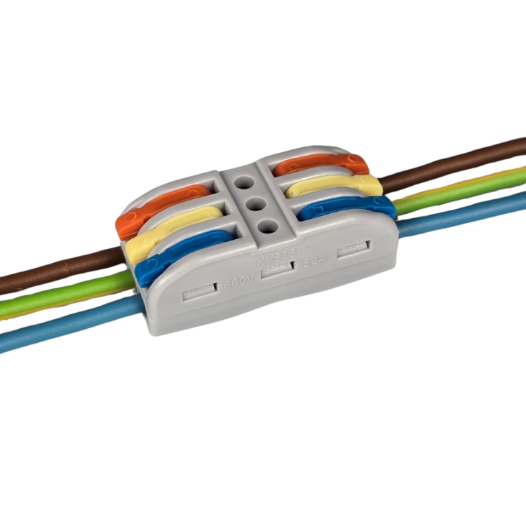 Szybkozłączka elektryczna TAC SPL3C 3-torowa – kompaktowa zaciskowa złączka instalacyjna do przewodów jednodrutowych i elastycznych, zapewniająca bezpieczne i trwałe połączenia kabli, nowoczesna alternatywa dla tradycyjnych kostek elektrycznych.