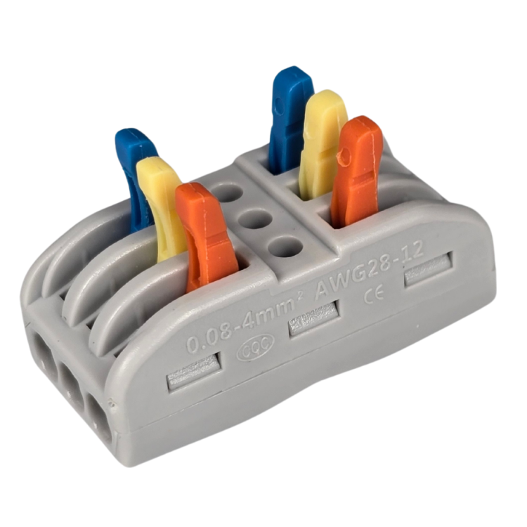 Szybkozłączka elektryczna TAC SPL3C 3-torowa – kompaktowa zaciskowa złączka instalacyjna do przewodów jednodrutowych i elastycznych, zapewniająca bezpieczne i trwałe połączenia kabli, nowoczesna alternatywa dla tradycyjnych kostek elektrycznych.