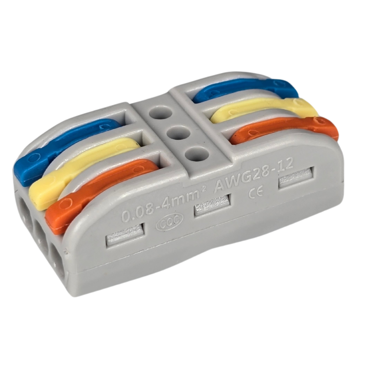 Szybkozłączka elektryczna TAC SPL3C 3-torowa – kompaktowa zaciskowa złączka instalacyjna do przewodów jednodrutowych i elastycznych, zapewniająca bezpieczne i trwałe połączenia kabli, nowoczesna alternatywa dla tradycyjnych kostek elektrycznych.