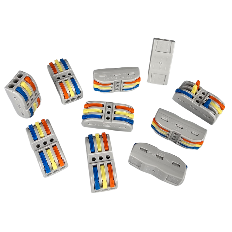 Szybkozłączka elektryczna TAC SPL3C 3-torowa – kompaktowa zaciskowa złączka instalacyjna do przewodów jednodrutowych i elastycznych, zapewniająca bezpieczne i trwałe połączenia kabli, nowoczesna alternatywa dla tradycyjnych kostek elektrycznych.