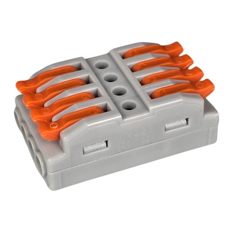 Szybkozłączka elektryczna przelotowa TAC SPL4 – kompaktowa złączka instalacyjna do przewodów jednodrutowych i elastycznych, zapewniająca bezpieczne i trwałe połączenia kabli, praktyczna alternatywa dla tradycyjnych kostek elektrycznych.