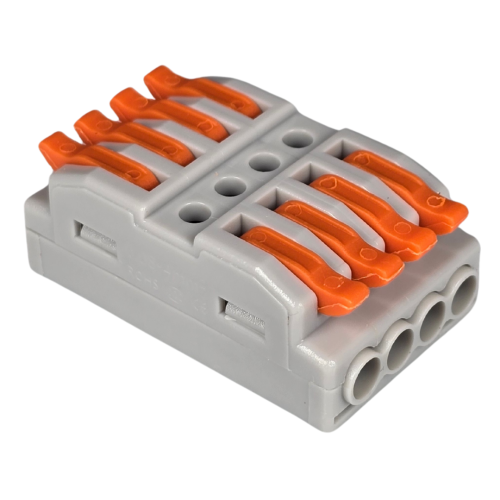 Szybkozłączka elektryczna przelotowa TAC SPL4 – kompaktowa złączka instalacyjna do przewodów jednodrutowych i elastycznych, zapewniająca bezpieczne i trwałe połączenia kabli, praktyczna alternatywa dla tradycyjnych kostek elektrycznych.