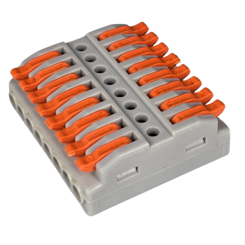 Szybkozłączka elektryczna przelotowa TAC SPL8 – kompaktowa złączka instalacyjna do przewodów jednodrutowych i wielodrutowych, szybkie, bezpieczne i trwałe połączenia kabli, nowoczesna alternatywa dla tradycyjnych kostek elektrycznych.