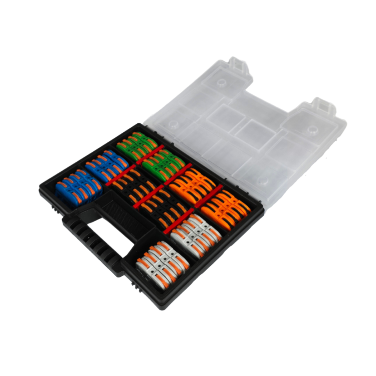 Szybkozłączki elektryczne TAC Zestaw KV121 40 sztuk – komplet kompaktowych złączek do przewodów jednodrutowych i elastycznych, zapewniających szybkie, bezpieczne i trwałe łączenie kabli oraz wygodną alternatywę dla tradycyjnych kostek elektrycznych.