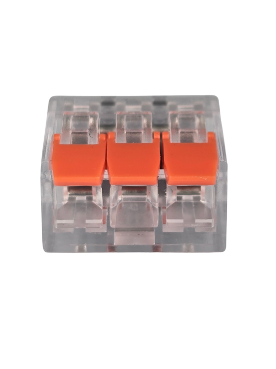 Szybkozłączka elektryczna TAC PCT222-413 3-TOROWA – kompaktowa przelotowa złączka instalacyjna do przewodów jednodrutowych i elastycznych, zapewnia bezpieczne i trwałe połączenia kabli, nowoczesna alternatywa dla tradycyjnych kostek elektrycznych.