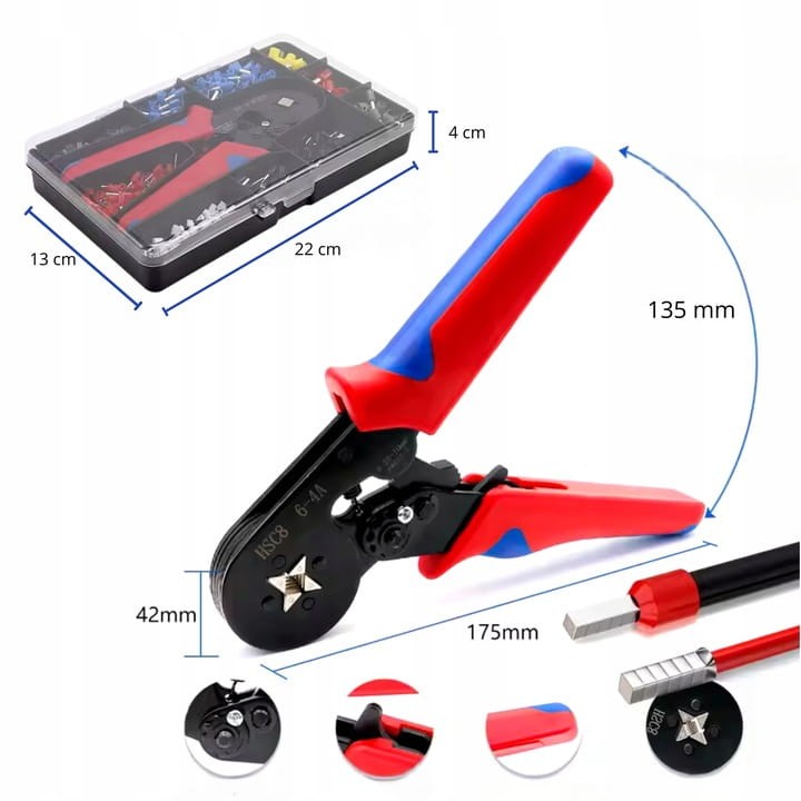 Zaciskarka do tulejek i konektorów kabli – praska ręczna + zestaw 1200 szt. Narzędzie do precyzyjnego zaciskania przewodów jedno- i wielodrutowych. Zapewnia trwałe, bezpieczne połączenia. Idealna do instalacji, serwisu i warsztatu.