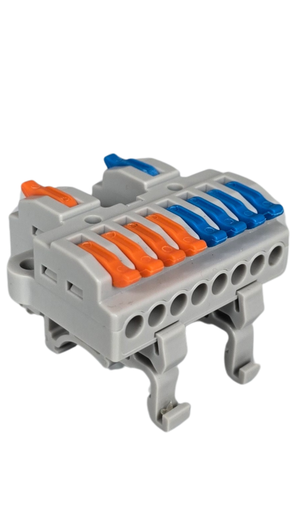 Szybkozłączka elektryczna KV4208 – przelotowy rozgałęźnik na szynę DIN 2/8, kompaktowa, beznarzędziowa złączka do przewodów jednodrutowych i elastycznych, zapewniająca szybkie, bezpieczne i trwałe połączenia kabli.