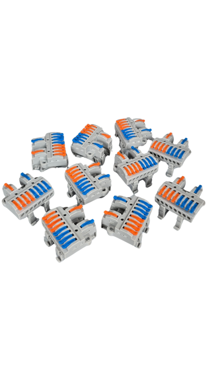 Szybkozłączka elektryczna KV4208 – przelotowy rozgałęźnik na szynę DIN 2/8, kompaktowa, beznarzędziowa złączka do przewodów jednodrutowych i elastycznych, zapewniająca szybkie, bezpieczne i trwałe połączenia kabli.