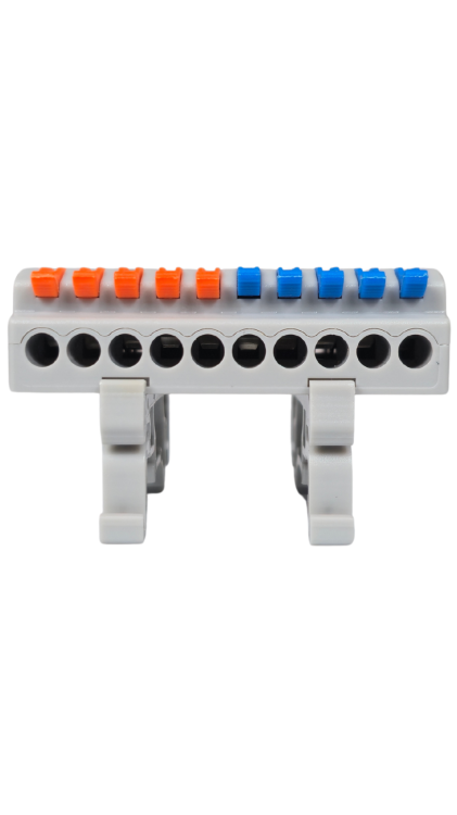 Szybkozłączka elektryczna KV4210 – przelotowy rozgałęźnik na szynę DIN 2/10, kompaktowa, beznarzędziowa złączka do przewodów jednodrutowych i elastycznych, zapewniająca szybkie, bezpieczne i trwałe połączenia kabli.