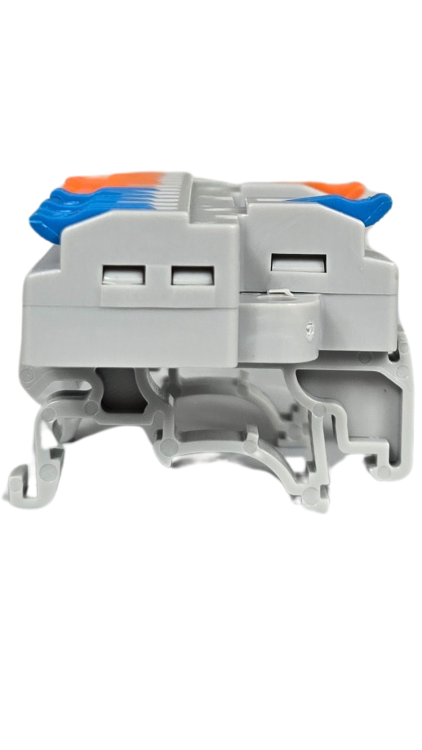 Szybkozłączka elektryczna KV4212 – przelotowy rozgałęźnik na szynę DIN 2/12, kompaktowa, beznarzędziowa złączka do przewodów jednodrutowych i elastycznych, zapewniająca szybkie, bezpieczne i trwałe połączenia kabli.