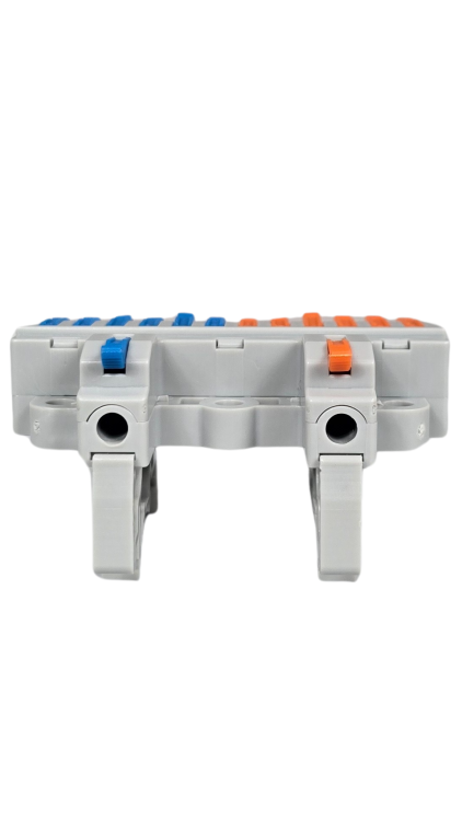 Szybkozłączka elektryczna KV4212 – przelotowy rozgałęźnik na szynę DIN 2/12, kompaktowa, beznarzędziowa złączka do przewodów jednodrutowych i elastycznych, zapewniająca szybkie, bezpieczne i trwałe połączenia kabli.