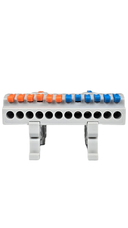 Szybkozłączka elektryczna KV4212 – przelotowy rozgałęźnik na szynę DIN 2/12, kompaktowa, beznarzędziowa złączka do przewodów jednodrutowych i elastycznych, zapewniająca szybkie, bezpieczne i trwałe połączenia kabli.