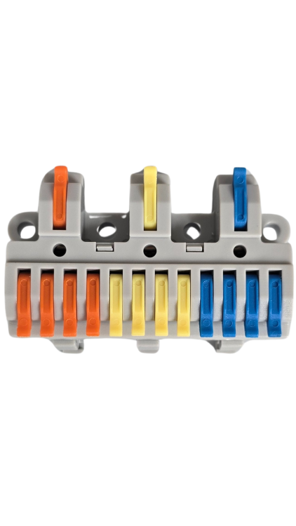 Szybkozłączka elektryczna KV4312 – przelotowy rozgałęźnik na szynę DIN 3/12, kompaktowa, beznarzędziowa złączka do przewodów jednodrutowych i elastycznych, zapewniająca szybkie, bezpieczne i trwałe połączenia kabli.