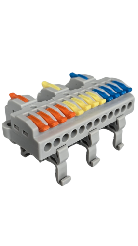 Szybkozłączka elektryczna KV4312 – przelotowy rozgałęźnik na szynę DIN 3/12, kompaktowa, beznarzędziowa złączka do przewodów jednodrutowych i elastycznych, zapewniająca szybkie, bezpieczne i trwałe połączenia kabli.