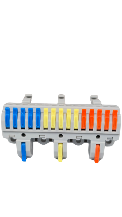 Szybkozłączka elektryczna KV4315 – przelotowy rozgałęźnik na szynę DIN 3/15, kompaktowa, beznarzędziowa złączka do przewodów jednodrutowych i elastycznych, zapewniająca szybkie, bezpieczne i trwałe połączenia kabli.