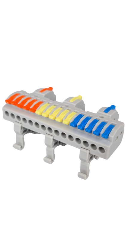 Szybkozłączka elektryczna KV4315 – przelotowy rozgałęźnik na szynę DIN 3/15, kompaktowa, beznarzędziowa złączka do przewodów jednodrutowych i elastycznych, zapewniająca szybkie, bezpieczne i trwałe połączenia kabli.